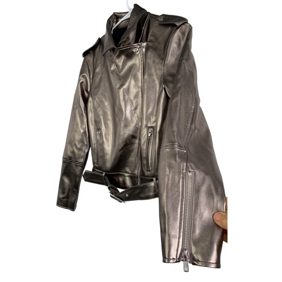INC Womens Small Metallic Faux Leather Moto Jacket With Belt NWT - Picture 9 of 9